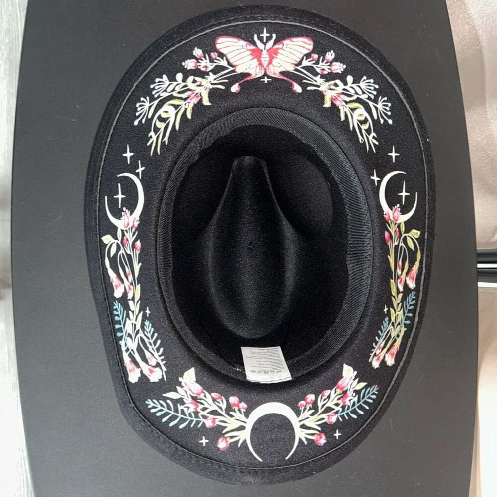 Black Wide Brim Fedora Hat Celestial Floral Moth Moon Print 22"